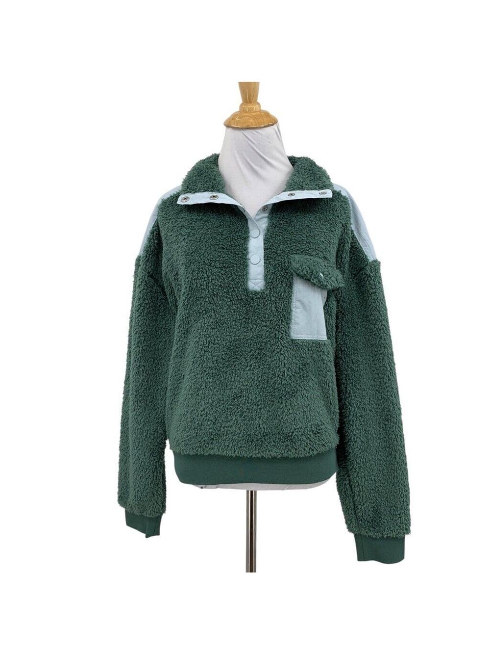RVCA Sweatshirt Womens XS Forest Sky Off Grid Sherpa Fleece Faux Fur Snap Front